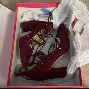 Burgundy Back-Zip Front Lace-Up Block Heels